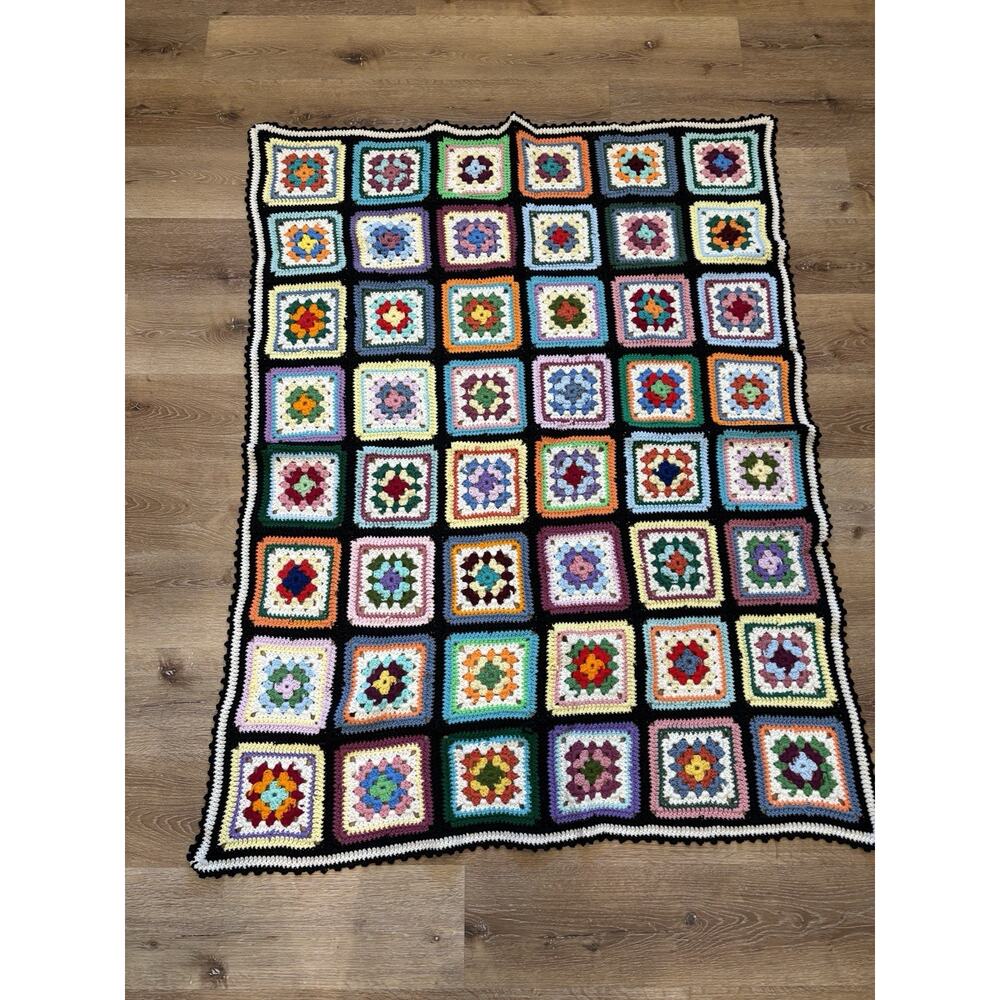 VTG Handmade Crochet Blanket Granny Square Crib Throw Baby Afghan 45” X 58”